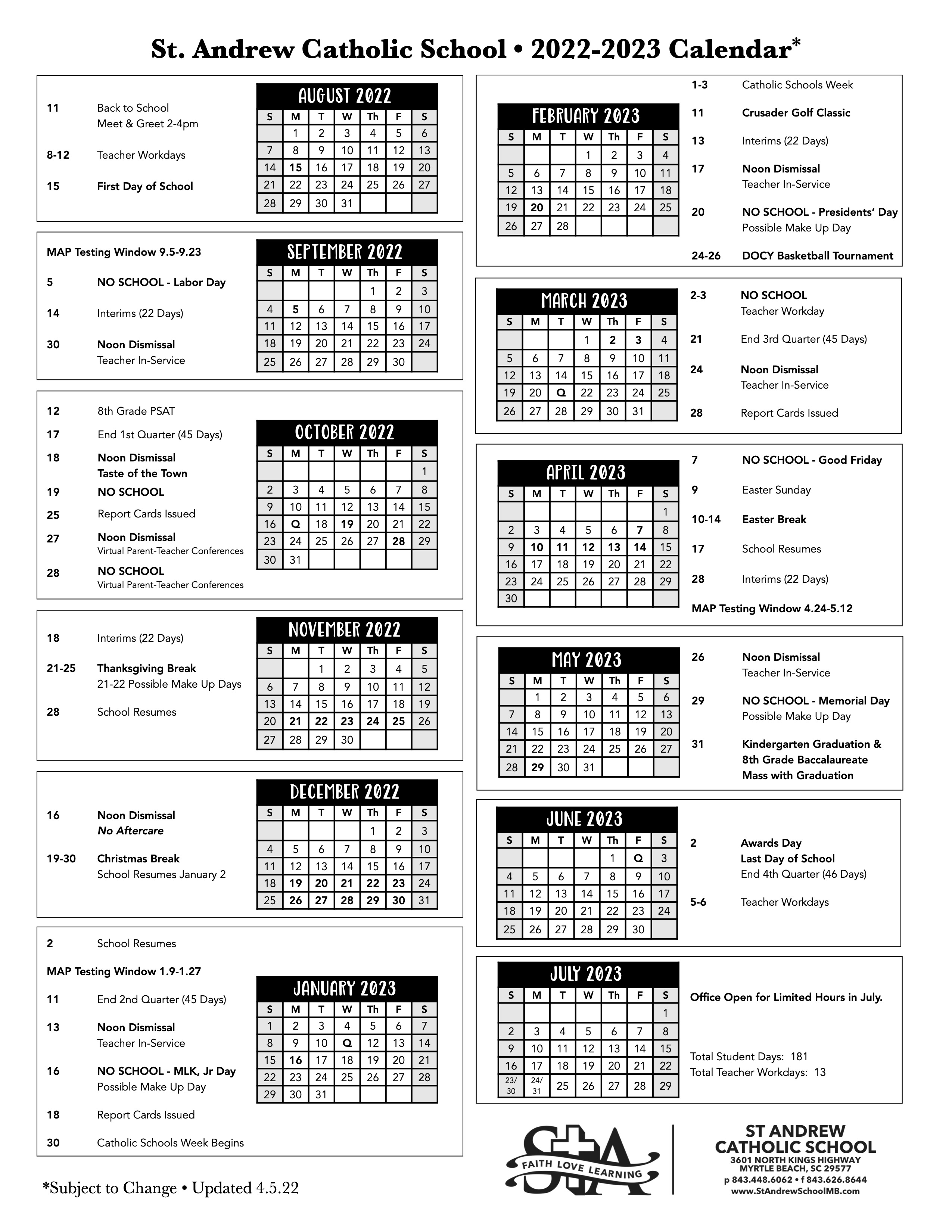 Yearly School Calendar - St. Andrew Catholic School